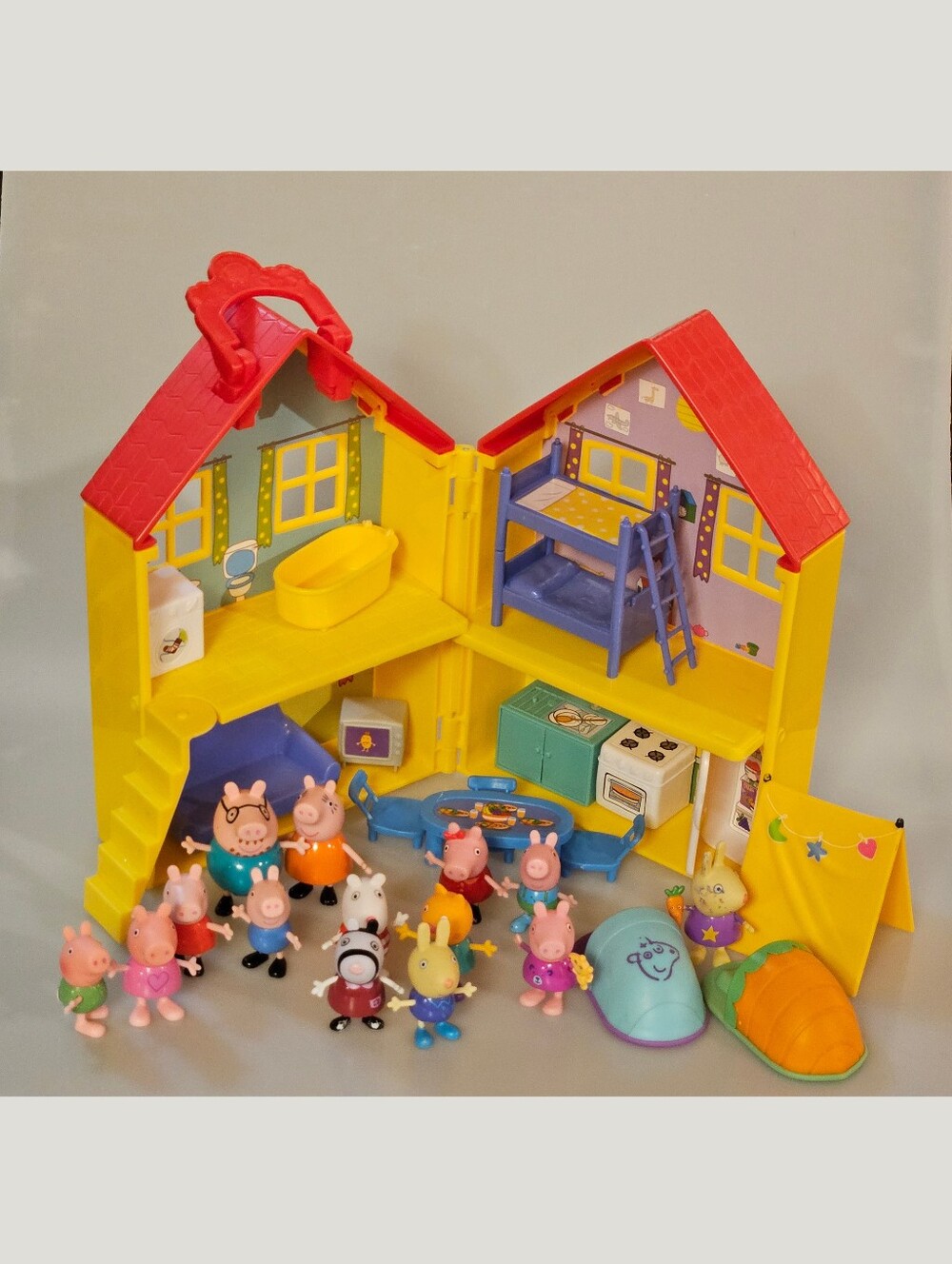 Lot- Peppa Pig Fold-n-Carry Yellow House with Furniture and Extra Figures